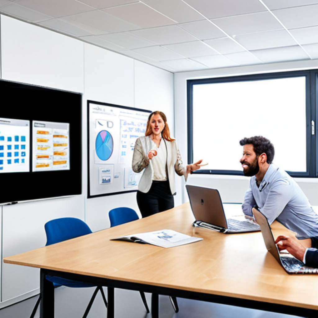 **A dynamic, modern office space filled with diverse team members collaborating around interactive whiteboards showcasing data visualizations and agile workflow diagrams (Kanban board). Emphasis on bright, open communication and innovation. German setting with appropriate office attire.**