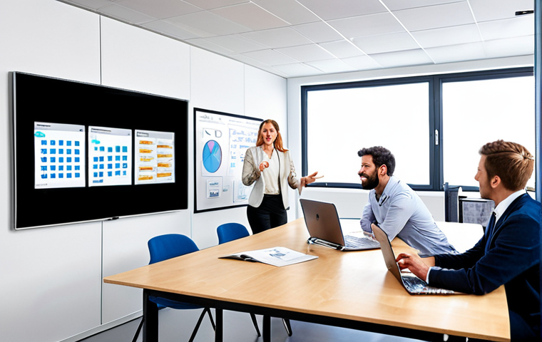 **A dynamic, modern office space filled with diverse team members collaborating around interactive whiteboards showcasing data visualizations and agile workflow diagrams (Kanban board). Emphasis on bright, open communication and innovation. German setting with appropriate office attire.**