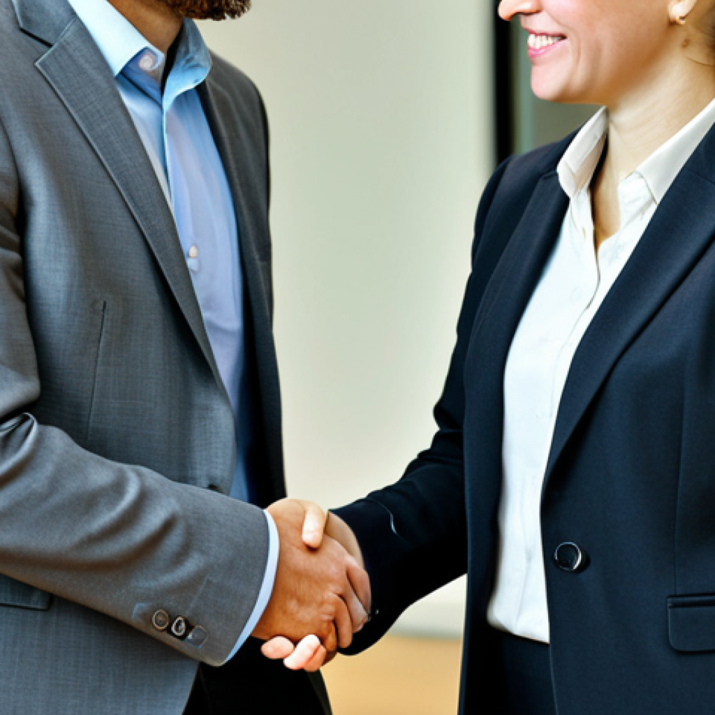 Networking at a Conference**

"A professional businesswoman in a fully clothed, modest grey business suit, shaking hands with a male colleague at a networking event in a modern conference center, appropriate attire, safe for work, perfect anatomy, correct proportions, well-formed hands, proper finger count, professional photography, bright lighting, family-friendly, corporate environment"

**