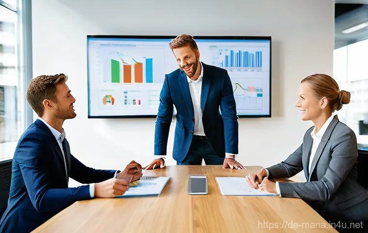 경영지도사와 기업 회생 컨설팅 - **Prompt:** A diverse group of four professionals, including a male and female management consultant...
