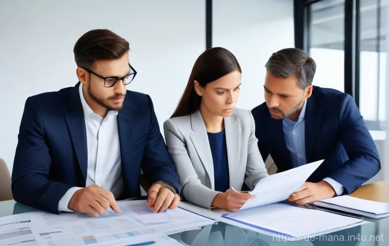 경영지도사와 기업 회생 컨설팅 - **Prompt:** A diverse group of four professionals, including a male and female management consultant...