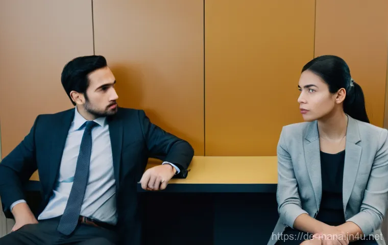경영지도사와 조직의 갈등 해결 사례 - **Prompt:** A modern office breakroom scene conveying subtle tension. Two diverse employees are seat...