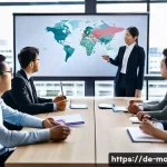 경영지도사와 글로벌 경영 사례 분석 - A diverse international business team in a modern office setting, engaged in an agile project meetin...