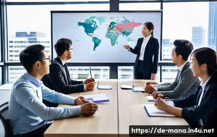 경영지도사와 글로벌 경영 사례 분석 - A diverse international business team in a modern office setting, engaged in an agile project meetin...